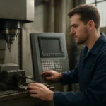 CNC gépkezelő a G-kód programozás közben