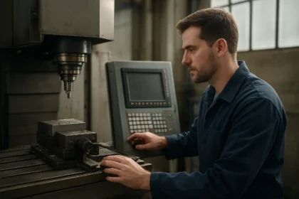 CNC gépkezelő a G-kód programozás közben