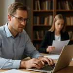 Férfi dolgozik a számítógépen dokumentumok szerkesztése közben.