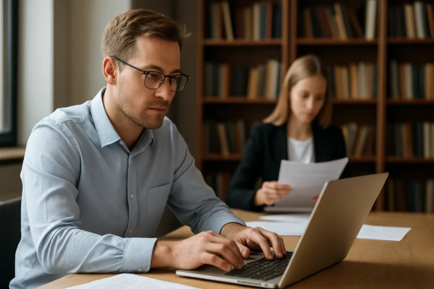Férfi dolgozik a számítógépen dokumentumok szerkesztése közben.