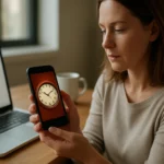 Nő mobiltelefonon skeuomorf óra képet néz