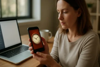 Nő mobiltelefonon skeuomorf óra képet néz