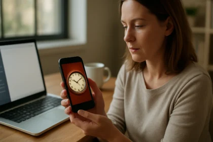 Nő mobiltelefonon skeuomorf óra képet néz