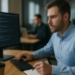 Programozó munka közben, kódot ír az objektumorientált programozásban.