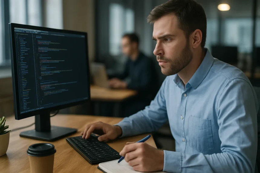 Programozó munka közben, kódot ír az objektumorientált programozásban.