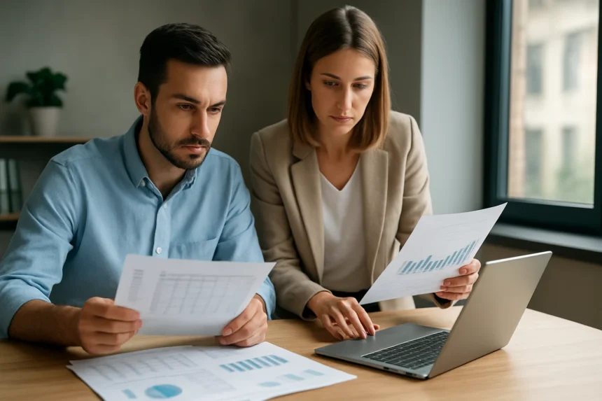 Adatfeldolgozás során egy férfi és egy nő elemzik a jelentéseket laptop mellett.