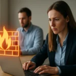 A nő a laptopján dolgozik egy virtuális tűzfal animált grafikájával.