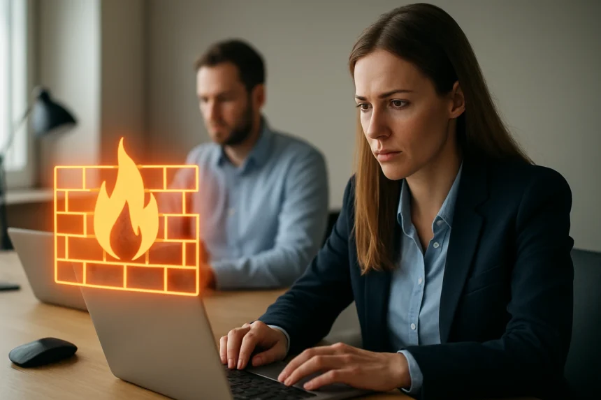 A nő a laptopján dolgozik egy virtuális tűzfal animált grafikájával.