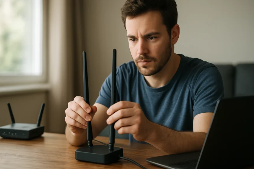 Férfi dolgozik dupla Wi-Fi antennát állítva be a számítógépénél