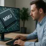 MMU hardverkomponens és felhasználó a számítógép előtt.