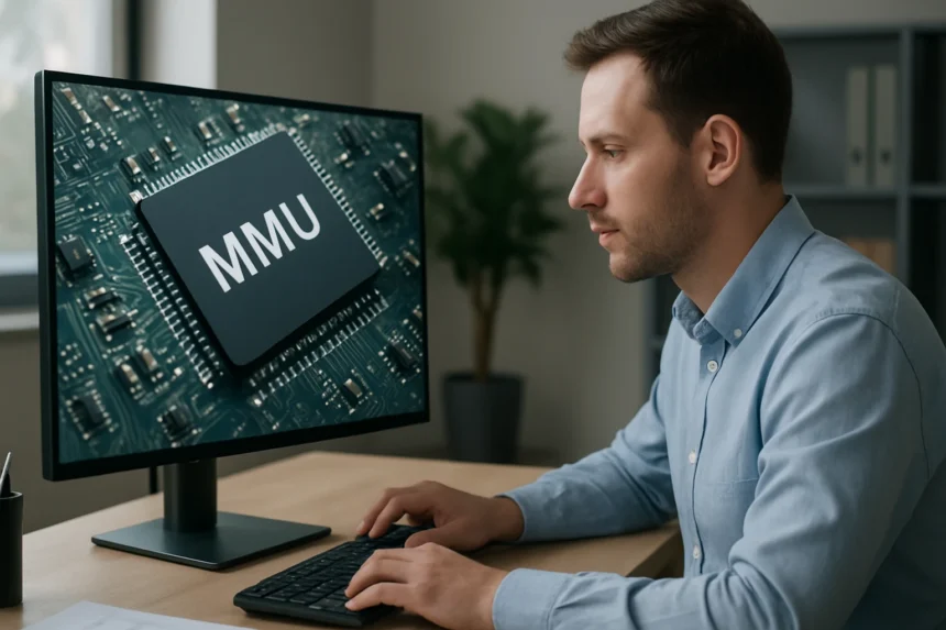 MMU hardverkomponens és felhasználó a számítógép előtt.