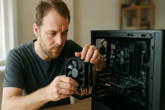 Férfi processzor hűtőbordát és ventilátort szerel a számítógépbe.