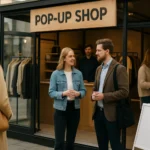 Két ember beszélget egy pop-up bolt előtt egy divatos utcai környezetben.