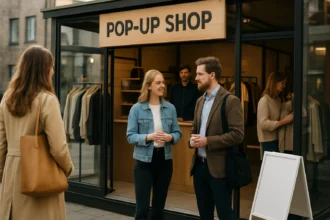 Két ember beszélget egy pop-up bolt előtt egy divatos utcai környezetben.