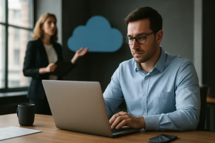 Férfi a számítógépén dolgozik felhőalapú adatvédelemmel kapcsolatosan.