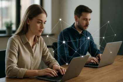 Két ember P2P hálózaton adatokat oszt meg laptopokon.