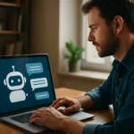 Férfi használ egy laptopot ChatGPT AI chatbot interfészével.