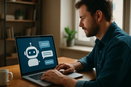 Férfi használ egy laptopot ChatGPT AI chatbot interfészével.
