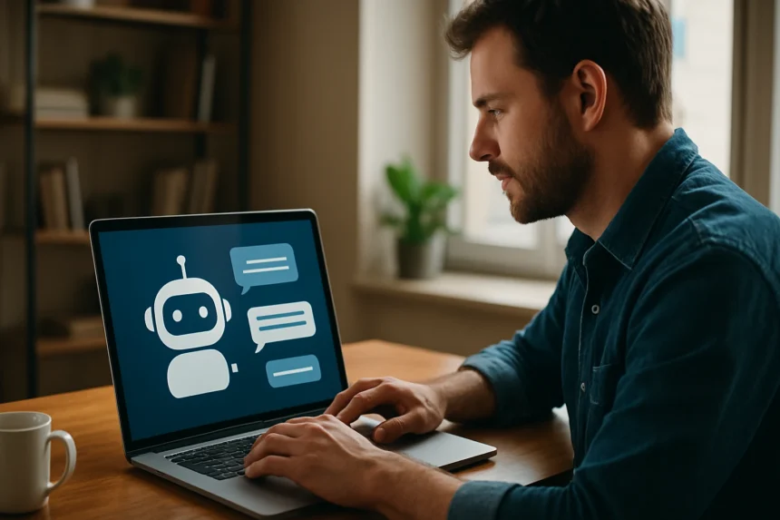 Férfi használ egy laptopot ChatGPT AI chatbot interfészével.