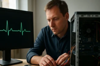 Férfi monitor előtt, életjel grafikonnal és számítógép belforgatással.