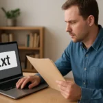 Férfi .txt fájlkiterjesztéssel rendelkező fájlt néz egy laptopon.