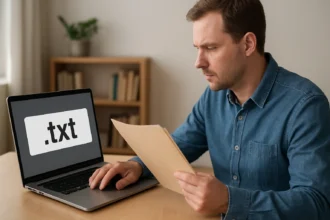 Férfi .txt fájlkiterjesztéssel rendelkező fájlt néz egy laptopon.