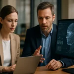 Két szakember együttműködik a kiterjesztett intelligencia területén.