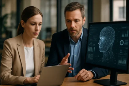 Két szakember együttműködik a kiterjesztett intelligencia területén.