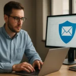 Férfi dolgozik laptopon, Microsoft Exchange Online Protection háttérrel.