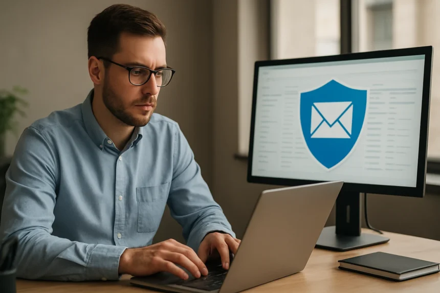 Férfi dolgozik laptopon, Microsoft Exchange Online Protection háttérrel.