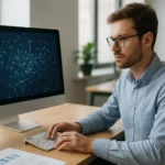 Férfi Big Data elemzést végez a számítógépén egy modern irodában.