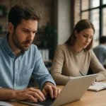 Két ember dolgozik laptopon és jegyzetel a munkahelyükön.