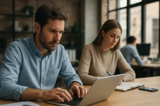 Két ember dolgozik laptopon és jegyzetel a munkahelyükön.
