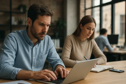 Két ember dolgozik laptopon és jegyzetel a munkahelyükön.