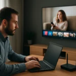 Férfi laptopozik, miközben IPTV műsort néz.