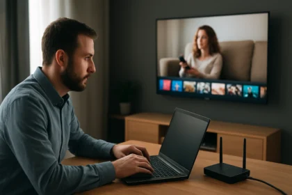 Férfi laptopozik, miközben IPTV műsort néz.