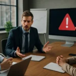 Crisis communication meeting in IT, discussing urgent issues.