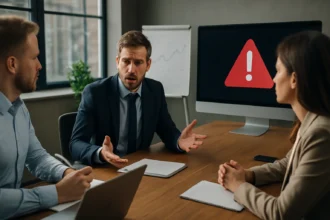 Crisis communication meeting in IT, discussing urgent issues.