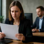 Aggódó nő vizsgálja a dokumentumot egy irodában.