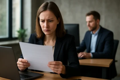 Aggódó nő vizsgálja a dokumentumot egy irodában.