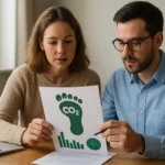 Két ember a karbonlábnyom mérésével foglalkozik grafikonnal.