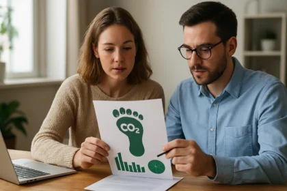 Két ember a karbonlábnyom mérésével foglalkozik grafikonnal.