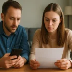 Pár adatcsomagot átbeszélve, mobiltelefon és dokumentum a kezükben.