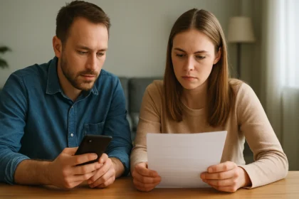 Pár adatcsomagot átbeszélve, mobiltelefon és dokumentum a kezükben.