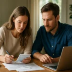 Fiatal pár 401(k) nyugdíj-előtakarékosságról tanulmányoz dokumentumokat.