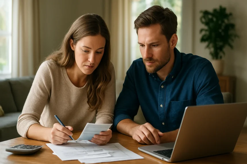 Fiatal pár 401(k) nyugdíj-előtakarékosságról tanulmányoz dokumentumokat.