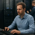 Férfi hitelesítő szerver előtt, számítógépen dolgozik, háttérben másik szakember.