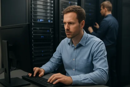 Férfi hitelesítő szerver előtt, számítógépen dolgozik, háttérben másik szakember.