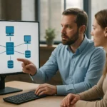 Két szakember elosztott fájlrendszerről beszél egy monitor előtt.