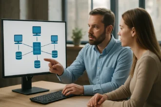 Két szakember elosztott fájlrendszerről beszél egy monitor előtt.